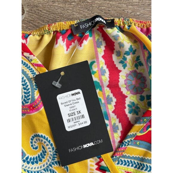 NEW FASHION NOVA WOMENS PLUS SIZE GRAP MAXI DRESS 3X BELL SLEEVE PAISLEY COLORFU - Picture 6 of 6